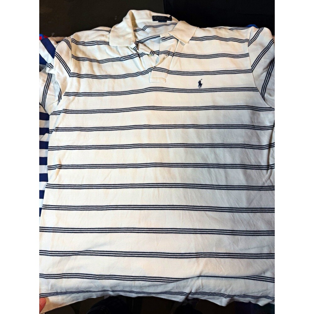 Polo Ralph Lauren Men's XL White/Blue Striped Knit Polo SS Logo Embroidered